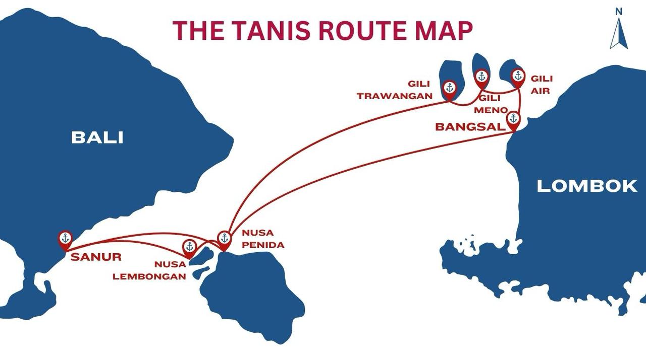 Tanis route map between Sanur, Nusa Penida, Nusa Lembongan, and Gili
